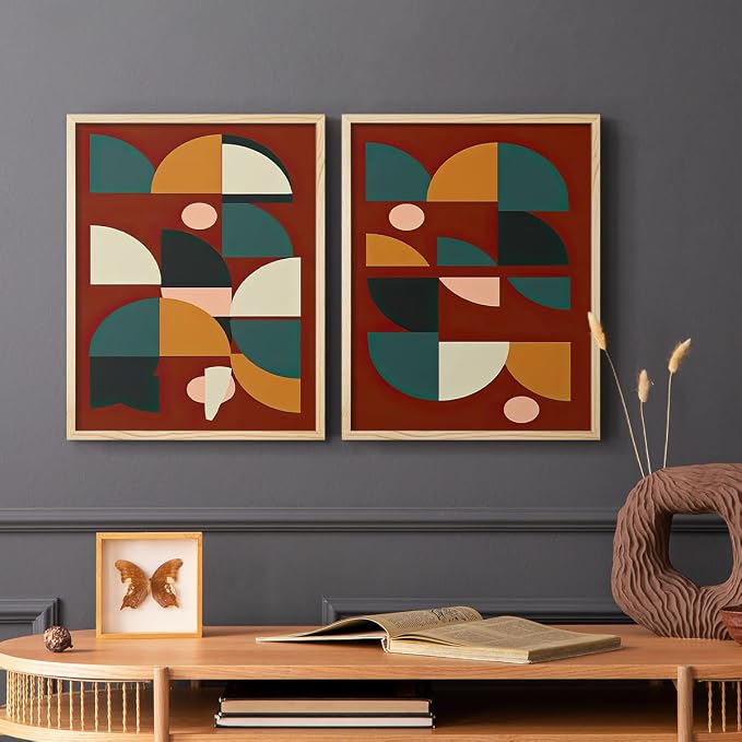 Renditions Gallery Set of 2 Peel & Stick Framed Prints, Mid Century Abstract Wall Art, Modern Geometric Shapes Wall Decor, Re-Stickable - Ready to Hang - 8"x10" - NATURAL WOOD Frame LT588