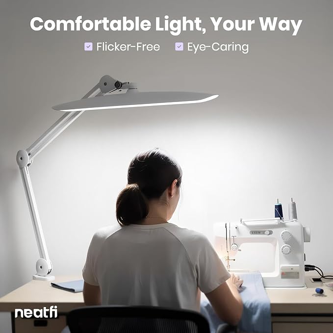 Neatfi XL Nail Desk Lamp with Clamp, 2200 Lumens, 20-Inch Wide Head, Dimmable 4 Levels, 3 Color Modes 3000K–6000K, LED Task Light for Manicure Table, Crafts, Workbench, Office (CCT, White)