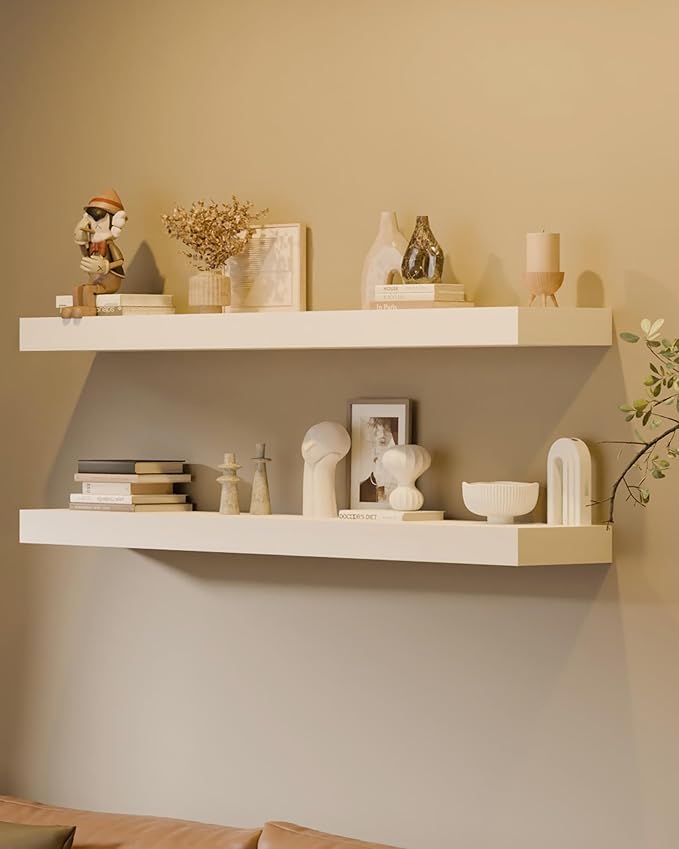 12x48 Inch Floating Shelves for Wall, Extra Long White Wall Shelves, Set of 2, Hanging Invisible Brackets Floating Shelves for Living Room,Bedroom,and Kitchen (White, 2T48IN)