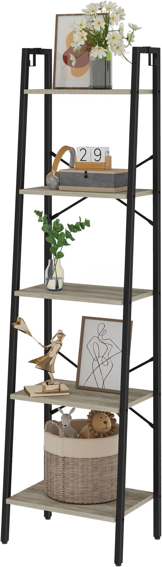 Hzuaneri Ladder Shelf, Bookshelf Bookcase, Freestanding Corner Storage Shelve with 2 Hooks for Home Office, Living Room, Kitchen, Bedroom, Industrial, 11.8" D x 17.3" W x 63" H, Greige BC19205B