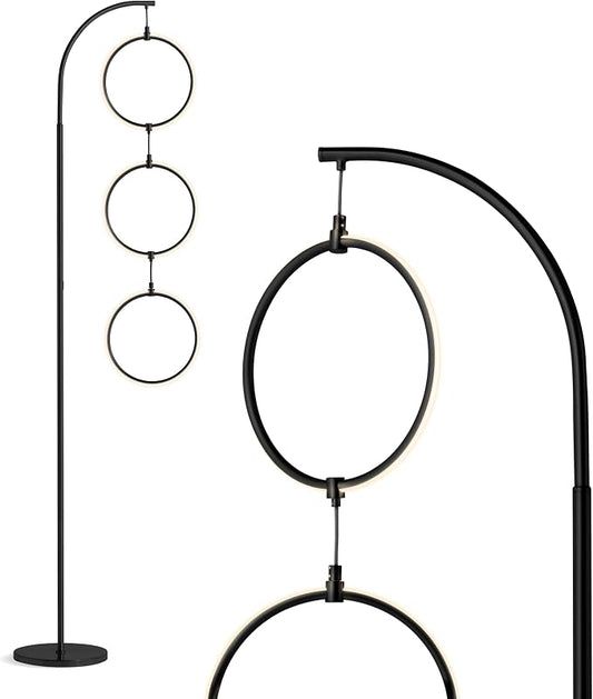 Brightech Nova Modern Floor Lamp Matches Living Room Décor - Contemporary Arc Tall Lamp with 3-Circle Ring-Style Pendant - Over The Couch Standing on Arching Pole - Eclectic- Black