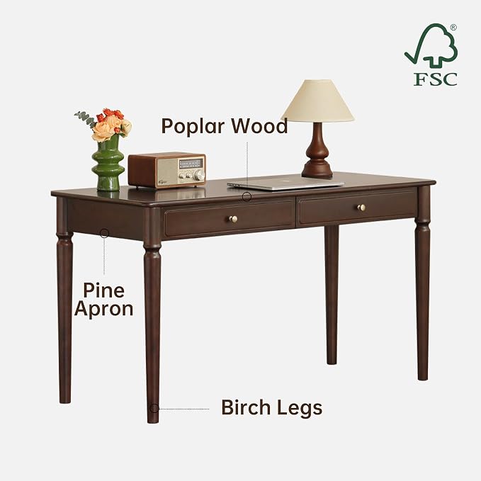 Solid Wood Work Desk, Retro Mid Century Modern Home Office Desk Featuring Drawers and Hand-Carved Legs, Multi-Functional Writing Table for Study & Daily Office Work 55.11" W