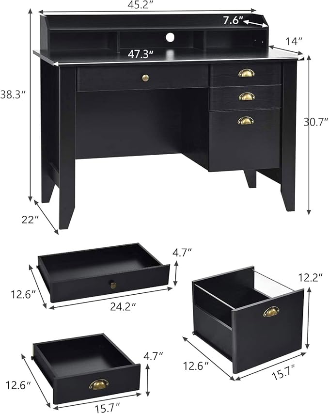 Catrimown Computer Desk with Drawers and Hutch, Vintage Wood Home Office Desk Writing Study Teens Student Desk PC Laptop Table, for Small Spaces, Black