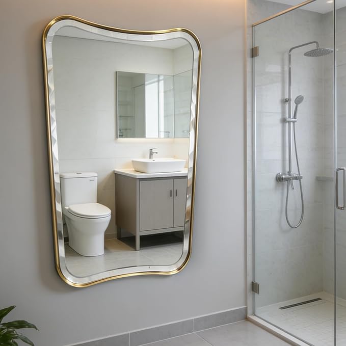 POZINO Brushed Gold Beveled Mirror, 30"x48" Vanity Mirror for Over Sink, Large Rectangle Floor Mirrors for Dressing, Irregular Shaped Wall Mirrors for Living Room Bathroom Bedroom Hallway Entryway