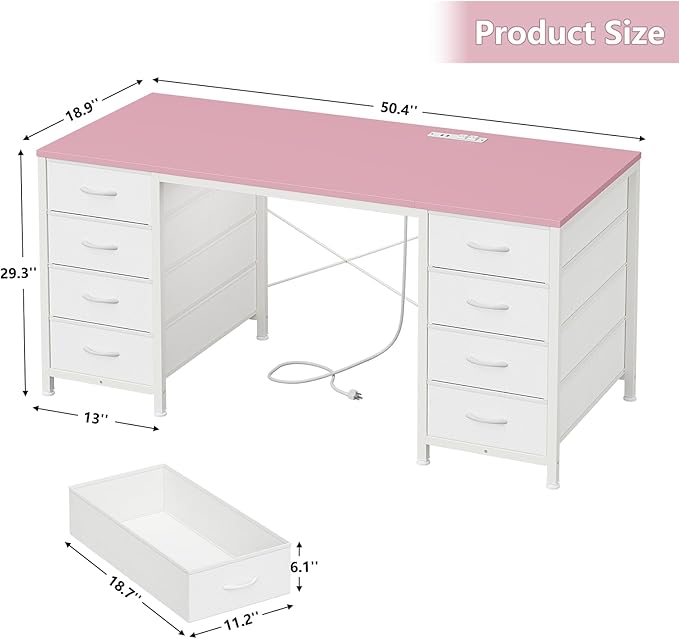 YOMILUVE 50 Inch Computer Desk with 8 Drawers, Home Office Desk with Power Outlets, Work Study Gaming Desk with 8 Fabric Drawers, Pink