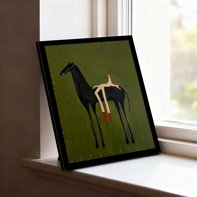 Abstract Horse Wall Art with Wooden Frame, Vintage Surreal Horse and Figure Painting, Olive Green Textured Minimalist Artwork, Retro Modern Framed Wall Decor Print 8x10 Inch