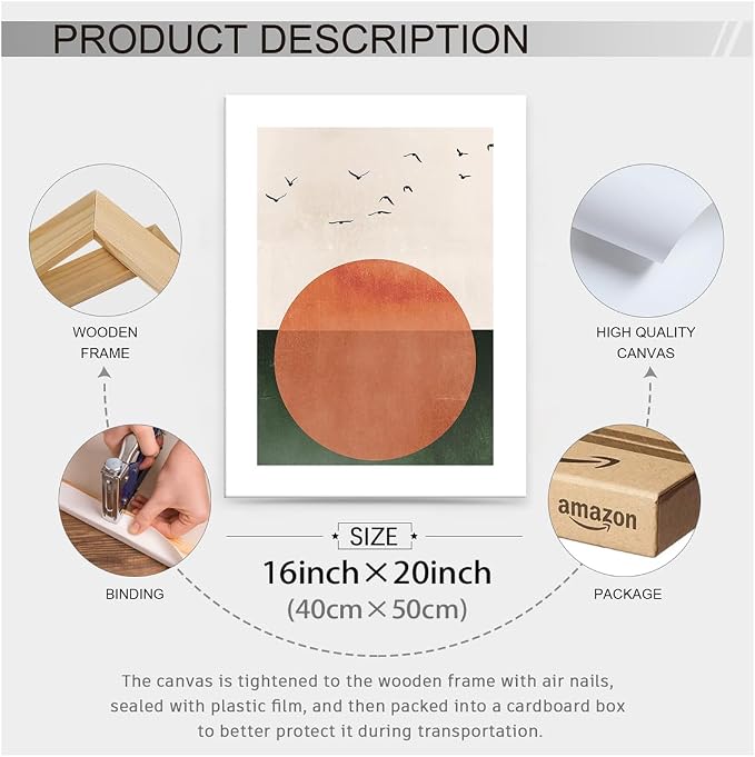 Wrapped Framed Japanese Minimalist Sunset With Bird Wall Art Nature Geometric Abstract Poster Modern Mid Century Eclectic Canvas Prints for Living Room Gallery Home Decor 16x20 inch