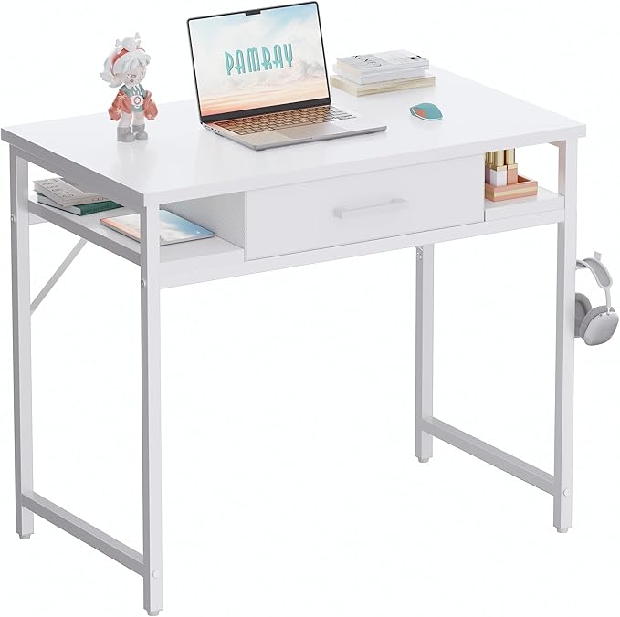 Pamray 32 Inch Small Computer Desk with Drawer and Shelves Simple Study Work Table for Bedroom White