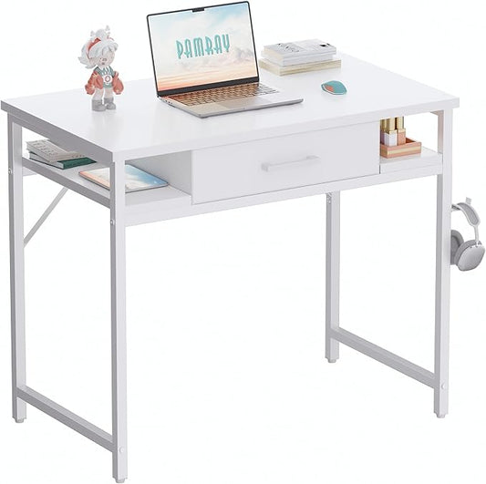 Pamray 32 Inch Small Computer Desk with Drawer and Shelves Simple Study Work Table for Bedroom White
