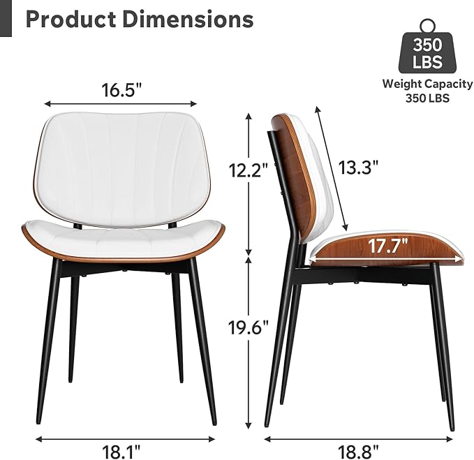 Dining Chairs Set of 4, Mid Century Modern, Upholstered Faux Leather, Walnut Bentwood Back, Metal Legs, White