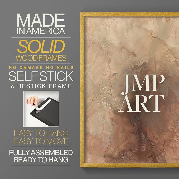 Renditions Gallery Set of 2 Peel & Stick Framed Prints, Abstract Wall Art, Brown Textured Marble Design Re-Stickable - Ready to Hang - 16"x20" - GOLD Frame LT588