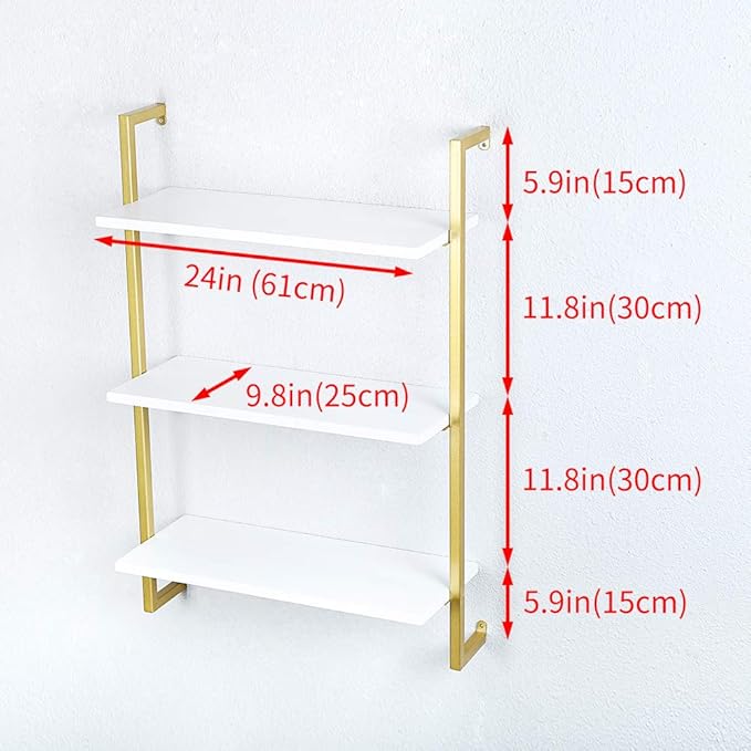 Industrial Metal Wall Shelf,Floating Shelves Wall Mounted,24in Real Wood Book Shelves,3 Tier Hanging Wall Shelves for Bedrooms Office