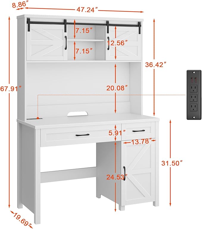 Vabches Farmhouse 47" Executive Desk, Computer Desks with 2 Drawers and Storage Cabinet, Home Office Desk with Hutch and Charging Station, Workspace for Work and Study (Cream White