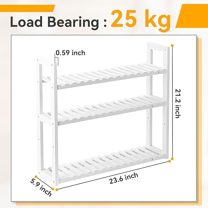 Wood Bathroom Shelf, 3-Tier Adjustable Shoes Rack&Plants Rack, Wall-Mounted or Stand for Living Room (White)