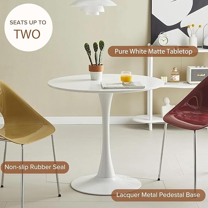 23.6 Inch Small White Round Dining Table for 2-4 Person, Mid-Century White Tulip Table with MDF Tabletop and Pedestal Base for Small Space Kitchen Dining Room