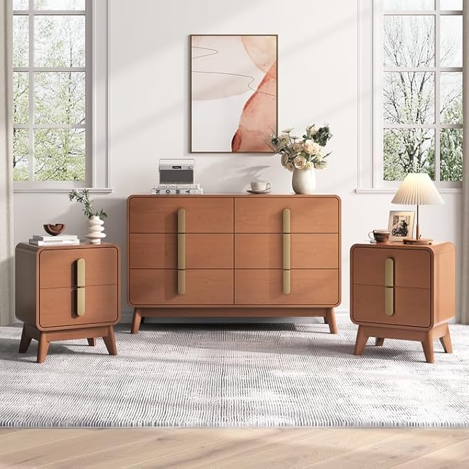 Night Stand Set 2, Mid Century Modern Bedside Table with Drawers, Curved Profile Design End Table with Metal Handle, Nightstand Set of 2 with Storage, Bed Side Tables for Bedroom, Cherry