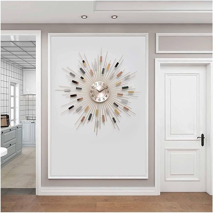 Gold Sunburst Wall Clock for Living Room - Large Non-Ticking Silent Modern Decor - Elegant Metal Dial Clock for Bedrooms