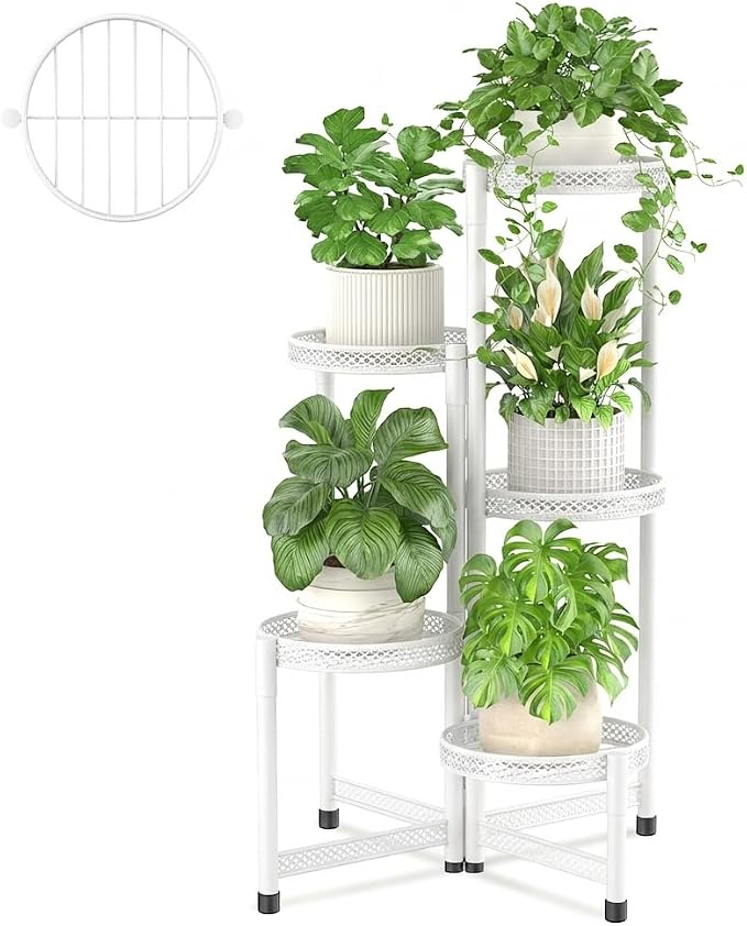 iDavosic.ly Plant Stand Indoor Outdoor, 5 Tier Corner Metal Flower Display Holder Shelf, Folding Tall Orchid Rack for Patio Balcony Porch Garden Living Room House, Wrought Iron - White