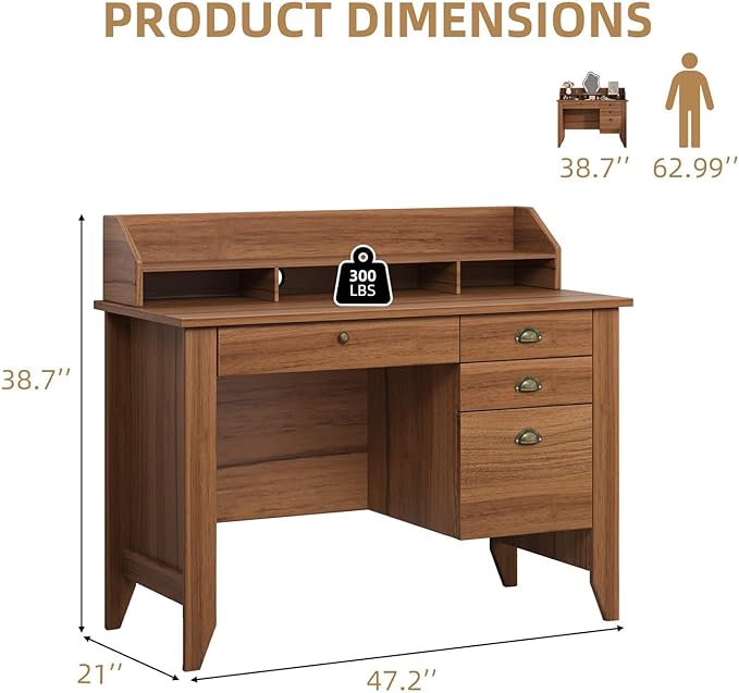 4 EVER WINNER Wooden Desk with Drawers, Small Desk with Monitor Stand and File Drawe, Writing Desk with Drawers for Bedroom Small Spaces, Walnut