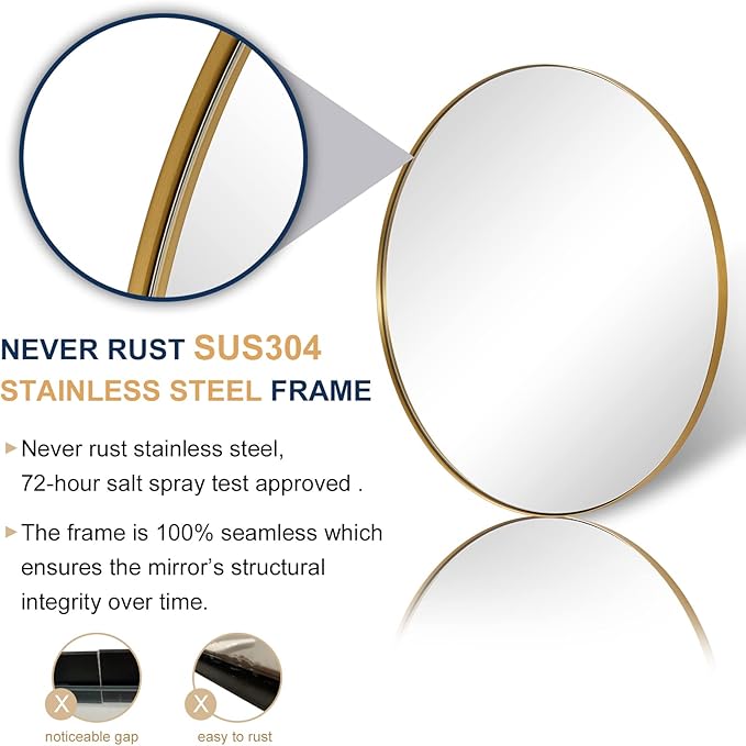 ANDY STAR Gold Round Mirror, 36’’ Brushed Gold Circle Bathroom Mirrors in Stainless Steel Metal Frame 1" Deep Set Design