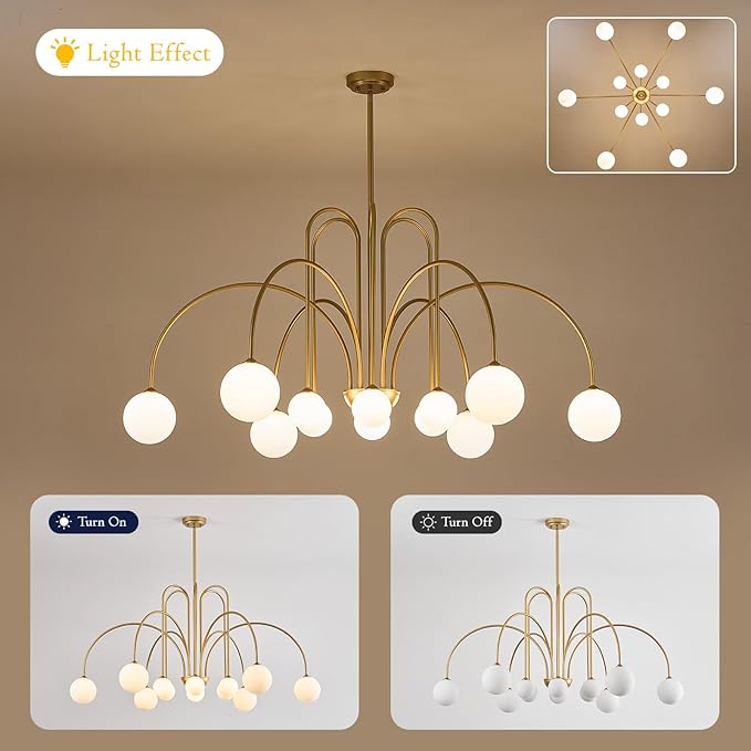 Large Gold Sputnik Chandelier Mid Century 12 Lights Modern L52” Milk Glass Globe Ceiling Pendant Light Fixture for High Ceiling Foyer Staircase Living Dining Room