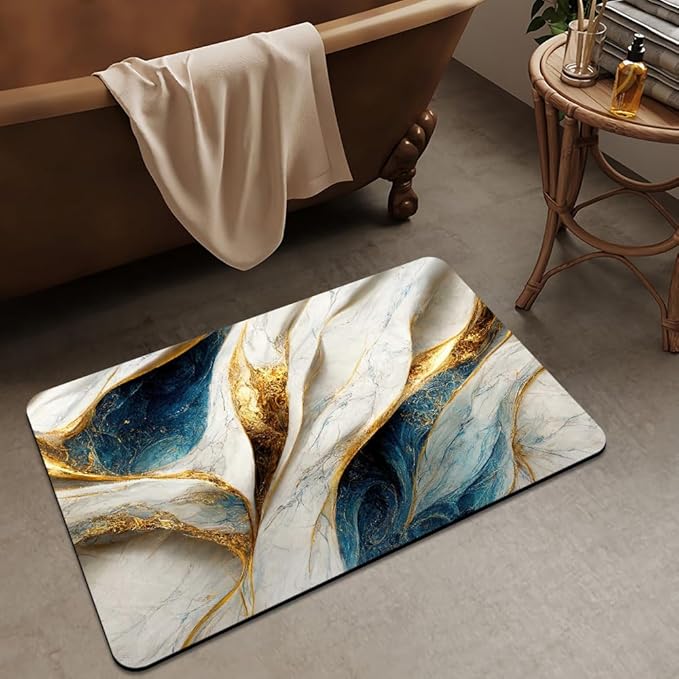 Bath Mat Rug,Abstract Blue and gold marble Non Slip Quick Dry Super Absorbent Thin Bathroom Rugs Fit Under Door-Easy to clean Bathroom Floor Mats-Shower Rug for Shower Sink Bathtub(20" x 31"In)