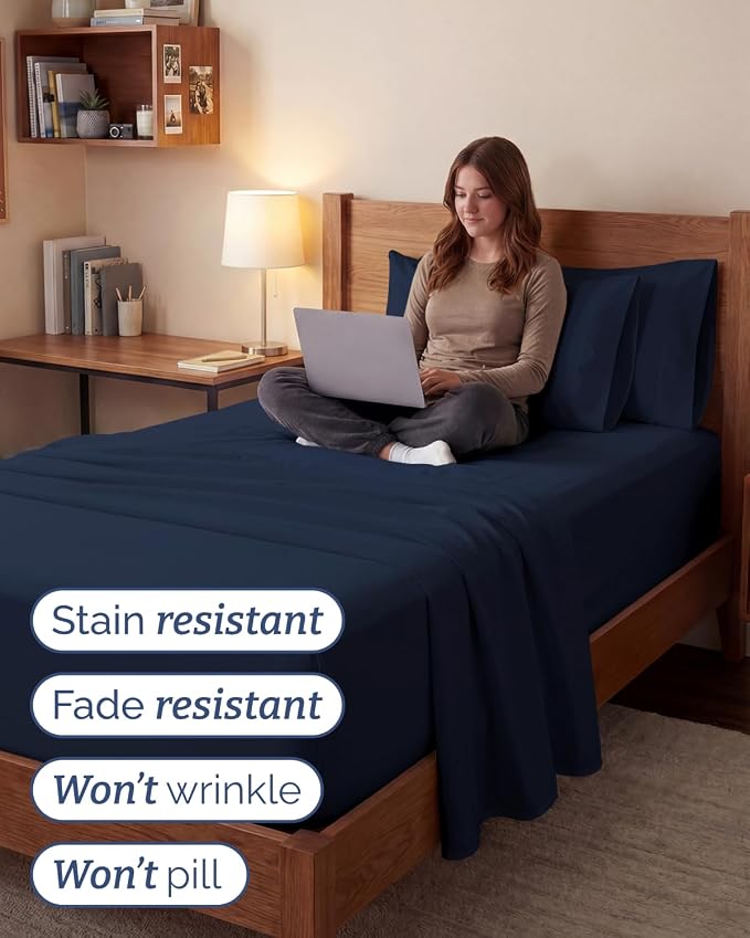 Extra Deep Twin XL Sheet Set - 4 Piece College Dorm Bed Sheets Set with Extra Deep Pockets - Ultra-Soft, Comfy & Breathable Bedding for Women, Men, Kids & Teens - Wrinkle & Fade Resistant - Navy Blue