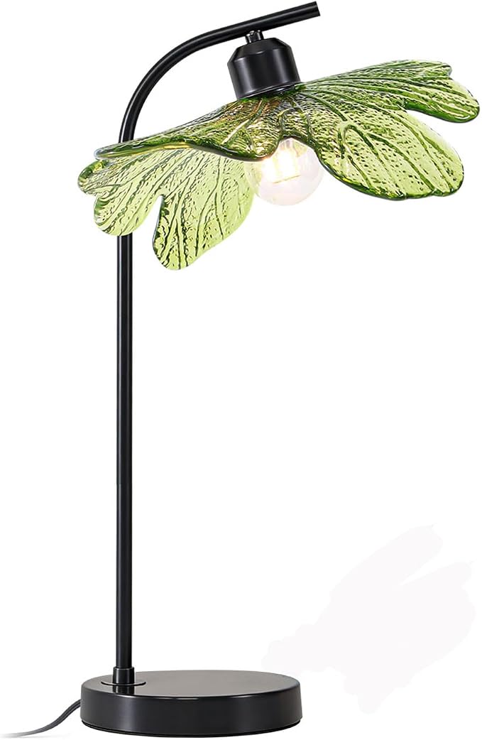 Mid Century Modern Lamps Black Table Lamp, Green Flower Glass Shade Desk Lamp, Small Vintage Bedside Nightstand Light for Living Room Bedroom Farmhouse Office