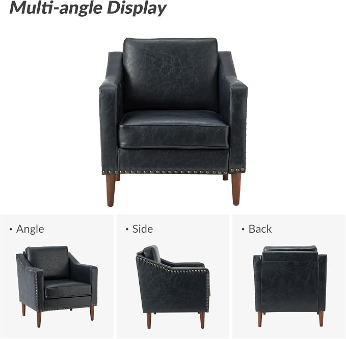HULALA HOME Faux Leather Accent Armchair with Back & Seat Cushions, Traditional Club Chair with Nailhead Trim, Comfy Upholstered Sofa Chair for Living Room Bedroom, Navy