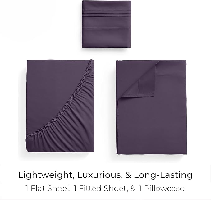 Mellanni Twin Sheets Set - 3 PC Iconic Collection Bedding - Hotel Luxury, Extra Soft, Cooling Bed Sheets - Wrinkle, Fade, Stain Resistant (Twin, Purple)
