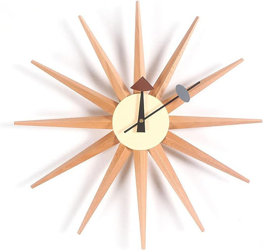 SHISEDECO Modern Art Sunburst Clock in Natural Color, Non Ticking Wooden Mid Century Retro Design Decorative Silent Wall Quartz Clocks for Home, Kitchen, Living Room, Office and Bedroom etc.
