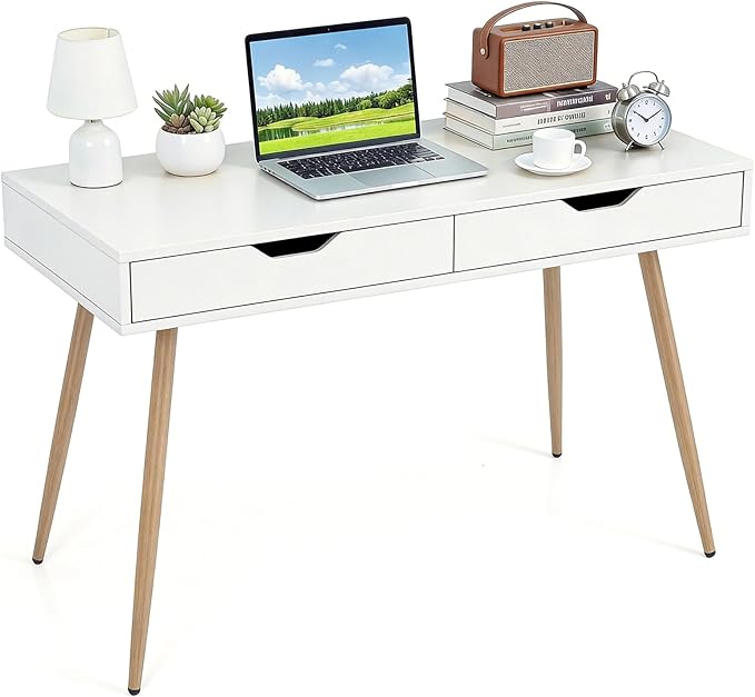 Tangkula White Writing Desk w/2 Storage Drawers, Modern Computer Desk with 4 Rubber Wood Legs, Versatile Small Study Desk for Home Office School, Vanity Table for Bedroom
