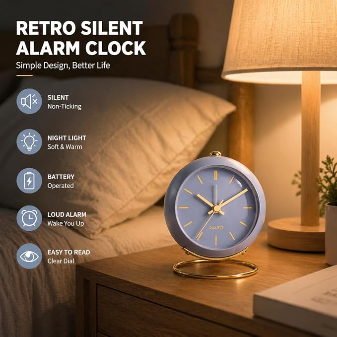 AYRELY® Battery Operated Desk Alarm Clocks with Light,Retro Silent No Ticking Analog Small Clock,Loud Table Clock for Bedside/Bedroom/Kitchen/Office/Travel/Kids/Room Decor Aesthetic Vintage (Blue)