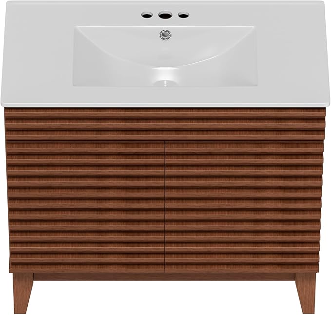 ROOMTEC 36" Bathroom Vanity with Sink, Mid-Century Freestanding Bathroom Vanity Sink with Storage, Undermount Ceramic Sink, Particleboard Frame with Wood Grain Laminate, Walnut