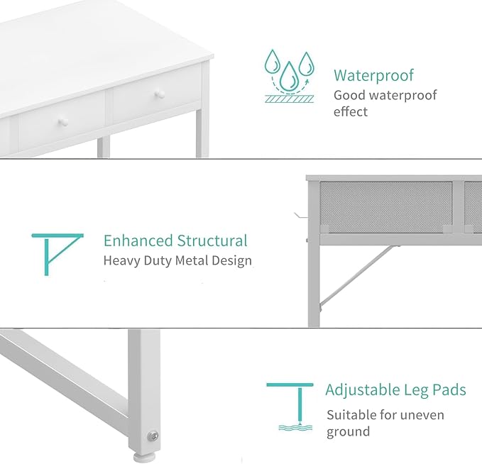 Lufeiya Small White Computer Desk with Drawers for Home Office Bedroom, 40 Inch Vanity Desk with Fabric Drawer Storage and Side Pouch, Study Writing Table, White