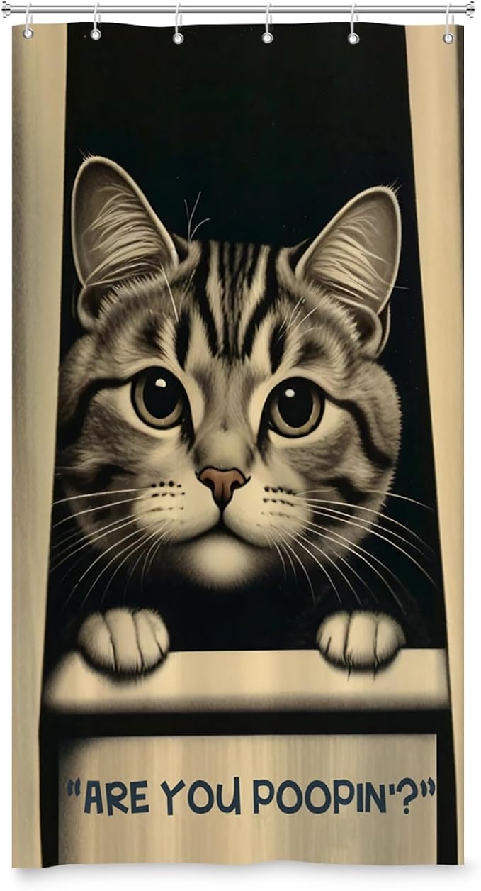 Cat Shower Curtains Cute are You Poopin' Funny Humorous Animal Whimsical Bathroom Curtain Curious Joke Cat Shower Curtain Sets for Bathroom Extra Long 36x72 in with 6 Hooks