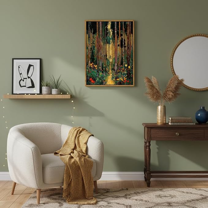 Floating Framed Gustav Klimt Forest Path Canvas Wall Art, Boho Floral Trees Print Poster, Colorful Abstract Nature Wall Decor Picture, for Modern Living Room and Bedroom Home Decoration, 8x10in