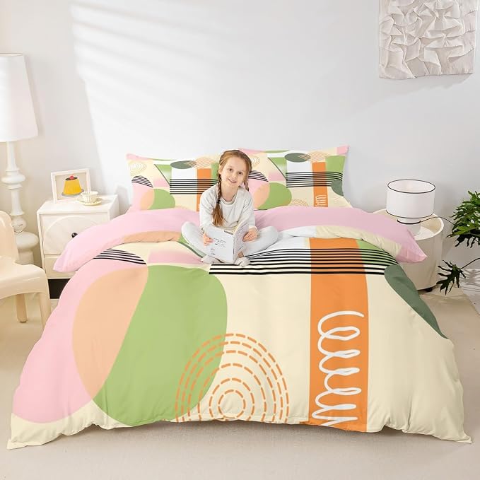 Erosebridal Pink Abstract Duvet Cover Full Size for Kids Teens Girls | Colorful Geometric Comforter Cover Minimalist Circle Modern Bedding Set Boho Contemporary Aesthetic Bed Set