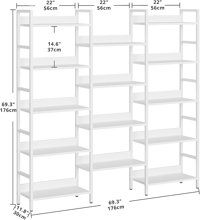 IRONCK Bookcases and Bookshelves Triple Wide 5 Tiers Industrial Bookshelf with Baffles Large Etagere Bookshelf with Metal Frame for Living Room Home Office