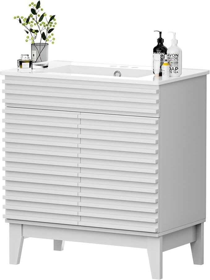 APRILSOUL 30" Bathroom Vanity with Ceramic Sink, Mid-Century Bathroom Vanity Cabinet with 2 Soft Closing Doors, Freestanding Bathroom Cabinet, Particleboard Frame with Wood Grain Laminate, White