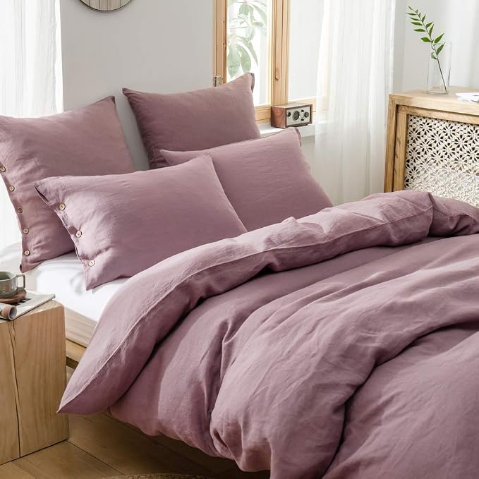 Simple&Opulence 100% Linen Duvet Cover Set 3pcs with Coconut Button Closure Natural French Washed Flax Solid Color Soft Breathable Farmhouse Bedding - Purple, Full Size