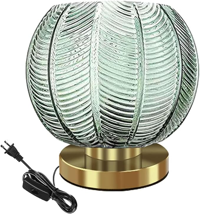 Gold Mid Century Modern Table Lamp with Green Ribbed Glass Shade - Nightstand, Desk, Bedside, Living Room, Office
