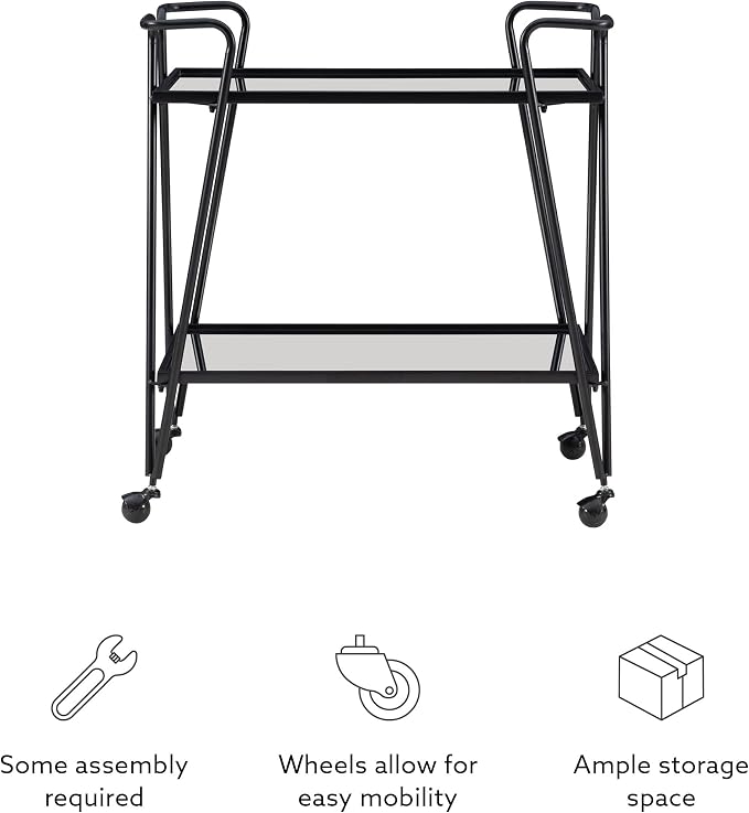 Linon Gina Black Mid Century Bar Cart with Mirrored Shelves