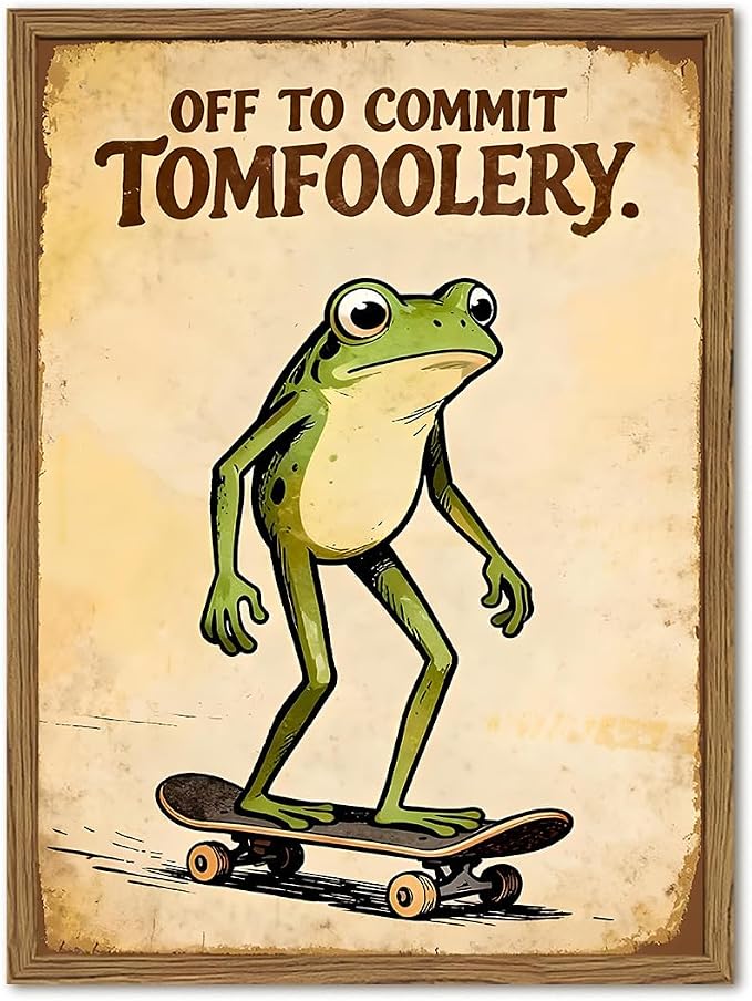 Funny Frog Skateboard Wall Art Cute off to Commit Tomfoolery Signs Wall Decor Painting, Funky Frog Animal Poster Canvas Print Picture for Living Room Bedroom 16x24 inch Wood Framed