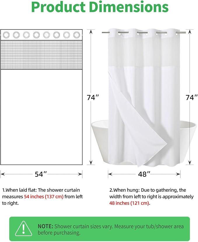 Stall No Hooks Needed Linen Textured Shower Curtain with Snap-in Fabric Liner Set,Hotel Luxury Decor Shower Curtains for Bathroom,Waterproof & Washable,54Wx74H,White