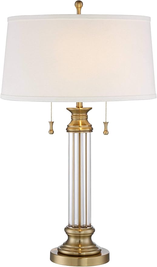 Vienna Full Spectrum Rolland Traditional Table Lamp 30" Tall Antique Brass Crystal Column Off White Tapered Drum Shade Decor for Living Room Bedroom House Bedside Nightstand Home Office Entryway