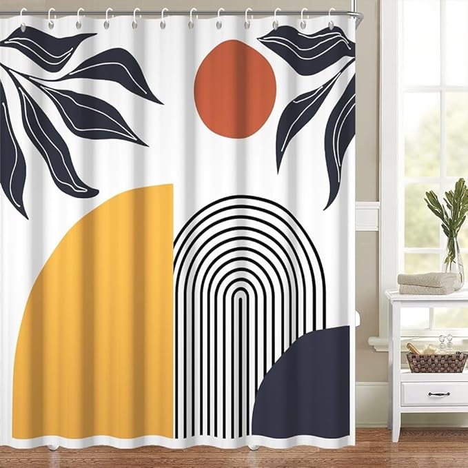 Bohemian Shower Curtain for Bathroom Modern Abstract Minimalist Bathroom Decor Mid Century Arch Sun Leaf Aesthetic Bathtub Curtains Machine Washable Waterproof Polyester Fabric with Hooks 72x72 Inch