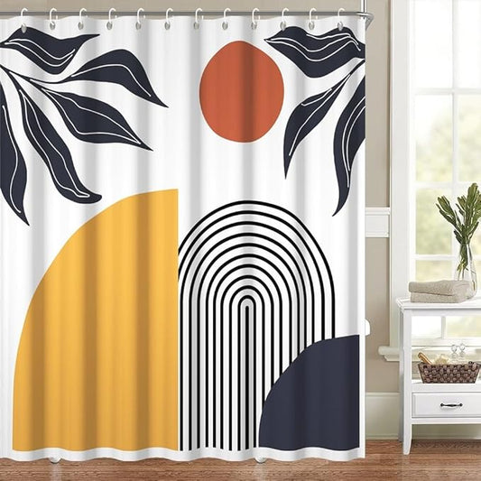 Bohemian Shower Curtain for Bathroom Modern Abstract Minimalist Bathroom Decor Mid Century Arch Sun Leaf Aesthetic Bathtub Curtains Machine Washable Waterproof Polyester Fabric with Hooks 72x72 Inch