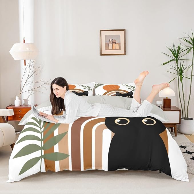 Erosebridal Funny Cat Comforter Cover Queen Vintage Mid Century Bedding Set Modern Minimalism Animals Duvet Cover for Kids Girls Boys Adults Boho Abstract Geometric Bed Set