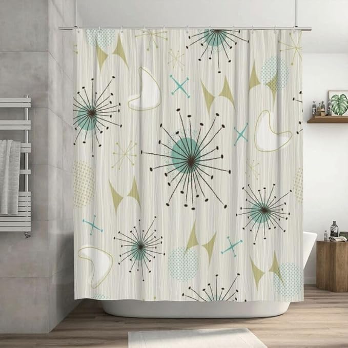 Mid Century Shower Curtains Modern Atomic Age Pattern Retro 50s Pattern Duty Fabric Shower Curtain Set Bathroom Polyester Waterproof with 12 Hooks, 66x72Inch（168x183cm）